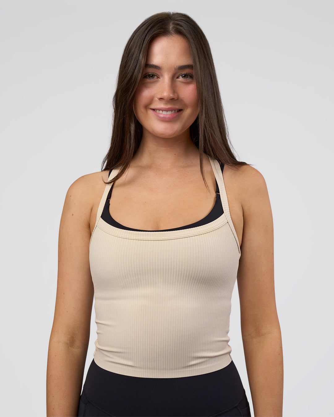Woman wearing Flame Ribbed Tank - Shale Beige | Model:Estella | Size:S - view 4