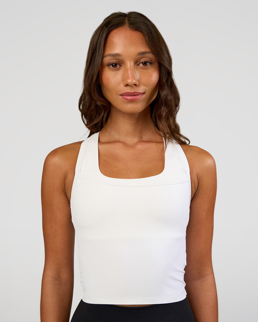 Woman wearing Flame Ribbed Tank - White | Model:Dakota | Size:S - view 3