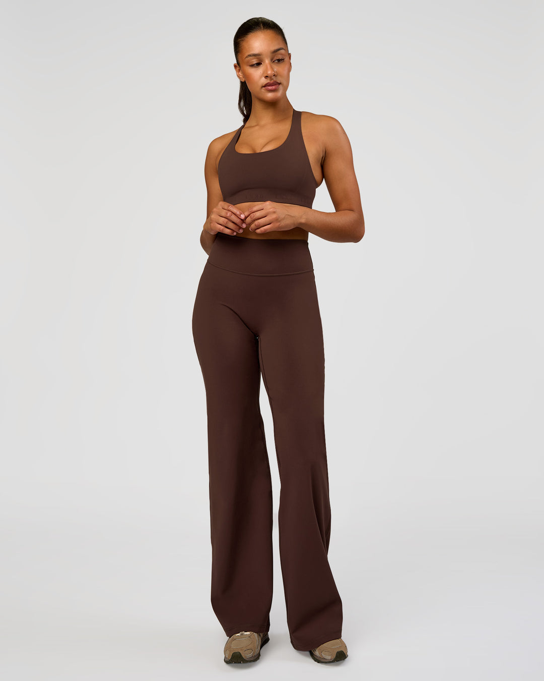 Woman wearing Flow Bonded Scoop Neck Sports Bra - Hot Chocolate | Model:Rosie | Size:S - view 4