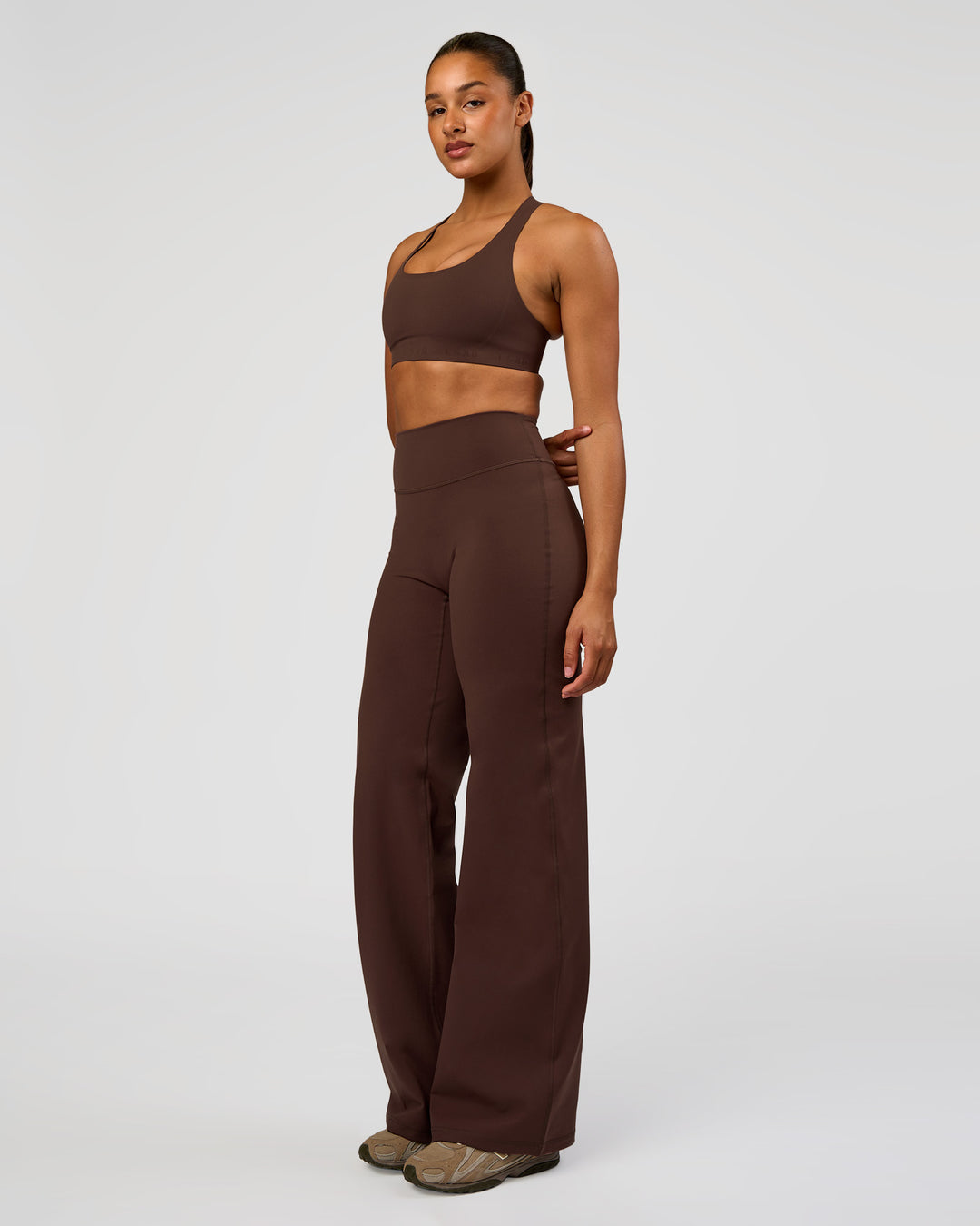 Woman wearing Flow Bonded Scoop Neck Sports Bra - Hot Chocolate | Model:Rosie | Size:S - view 5