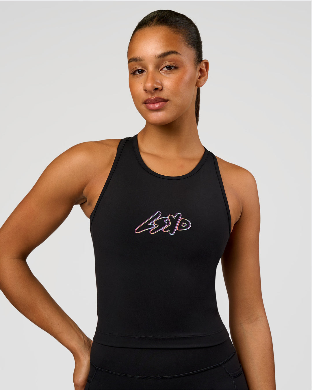 Woman wearing Flow Graphic Performance Tank 2.0 - Black-Radiate | Model:Rosie | Size:S - view 5
