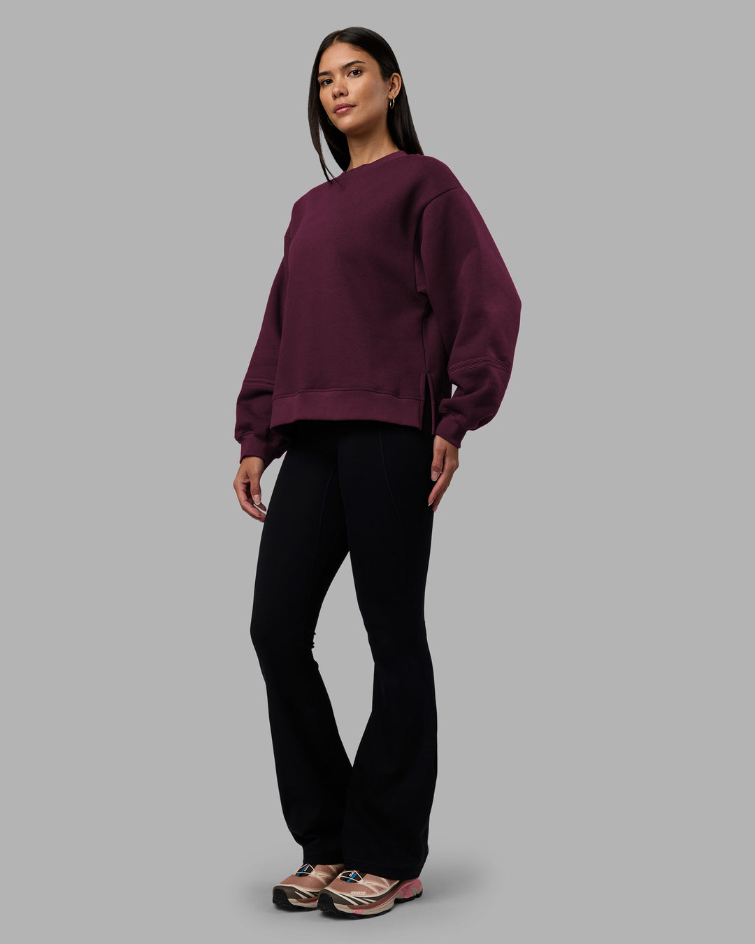 Woman wearing Full Form Fleece Sweater with Side Slits - Cherry Lacquer | Model:Rhiley | Size:S - view 6