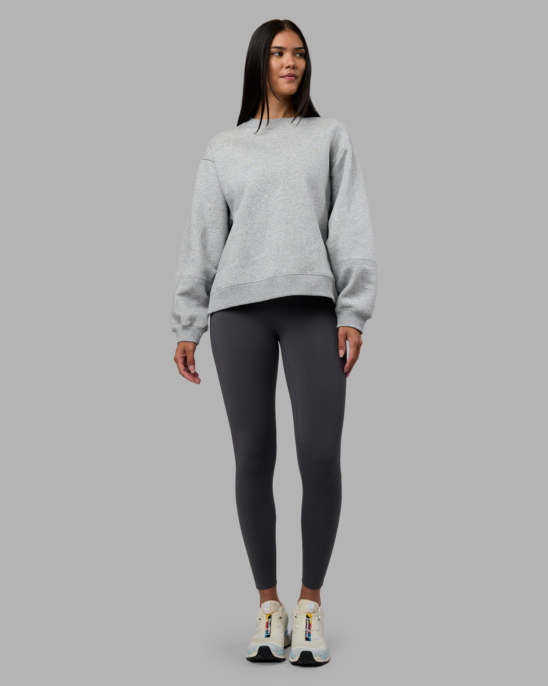 Woman wearing Full Form Fleece Sweater with Side Slits - Marl Grey | Model:Rhiley | Size:S - view 6