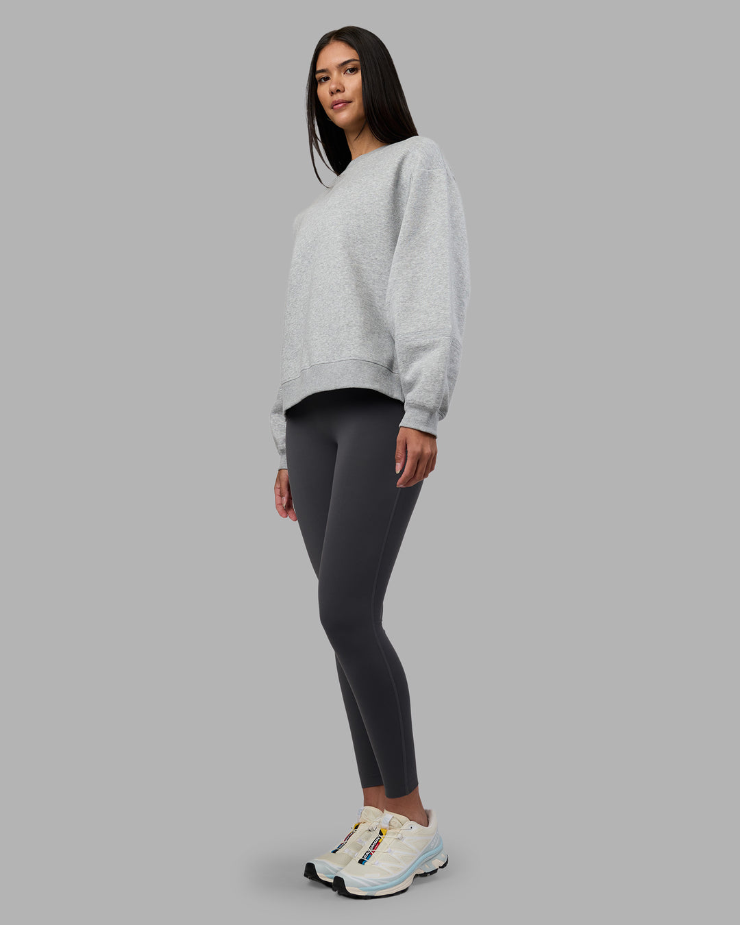 Woman wearing Full Form Fleece Sweater with Side Slits - Marl Grey | Model:Rhiley | Size:S - view 3