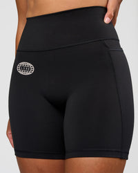Woman wearing Fusion Hype Graphic Ultra High-Rise 6" Short Pockets - Black-Alloy | Model:Rhiley | Size:S | Thumbnail Index: 7