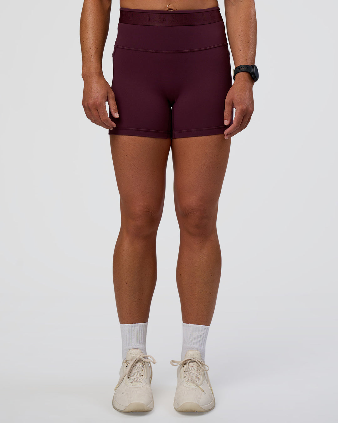 Woman wearing Fusion Jacquard High-Rise 4” Short Pockets - Cherry Lacquer | Model:Sav | Size:S - view 6