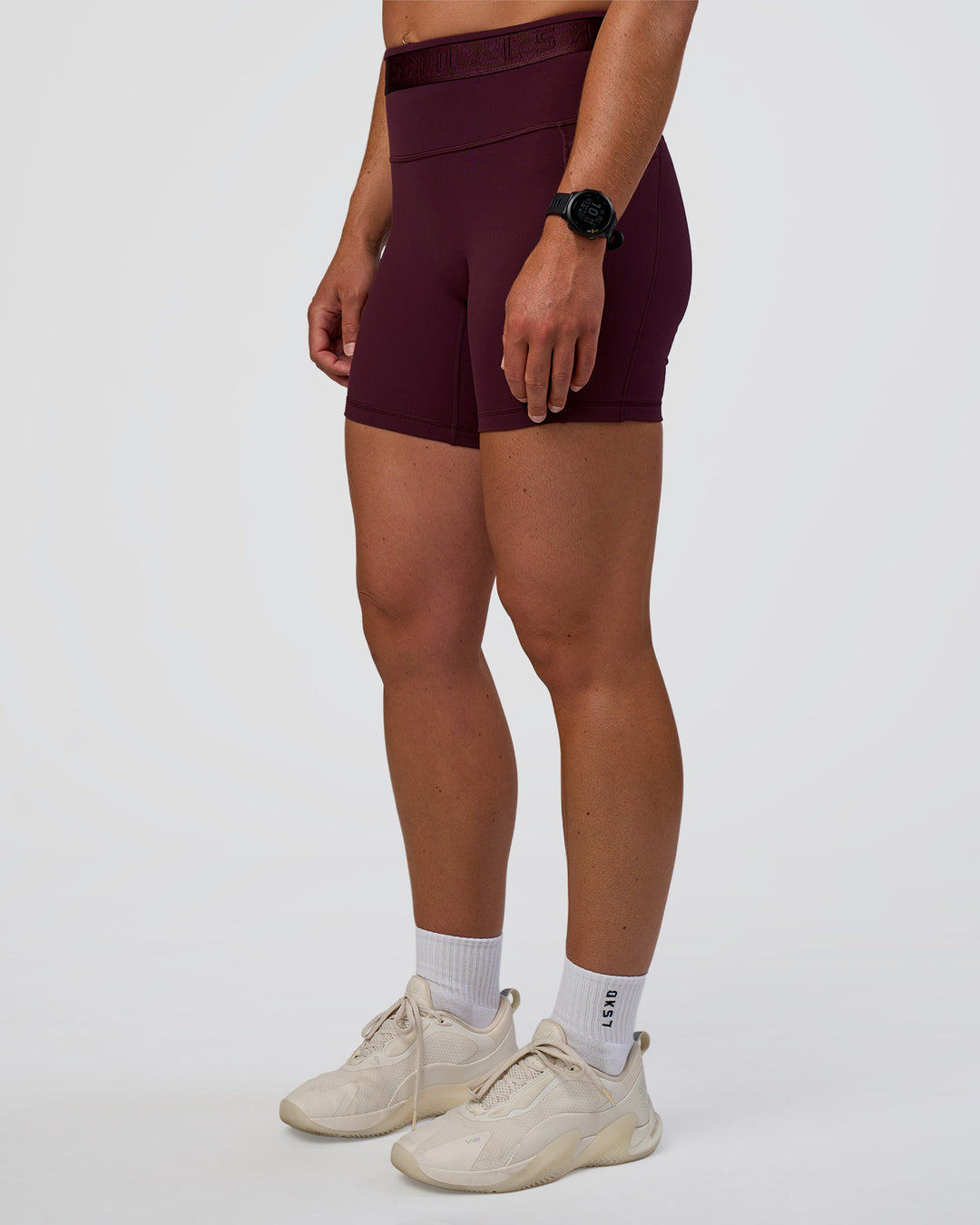 Woman wearing Fusion Jacquard High-Rise 6" Short Pockets - Cherry Lacquer | Model:Sav | Size:S - view 1