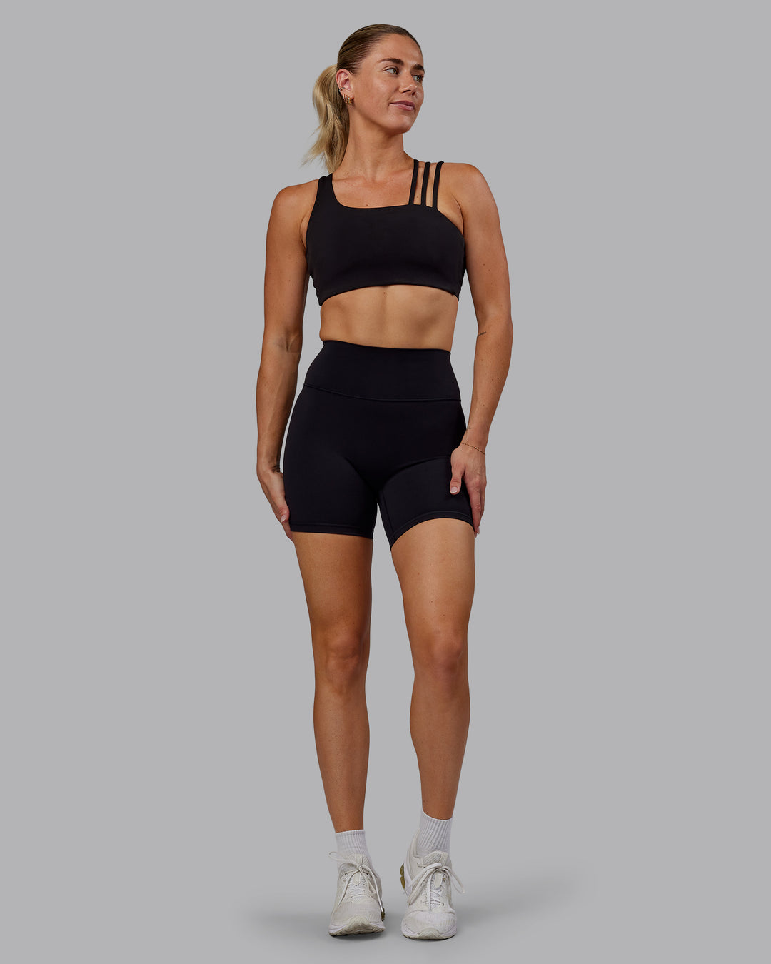 Woman wearing Fusion Ultra High-Rise 6" Short - Black | Model:Hannah | Size:S - view 6