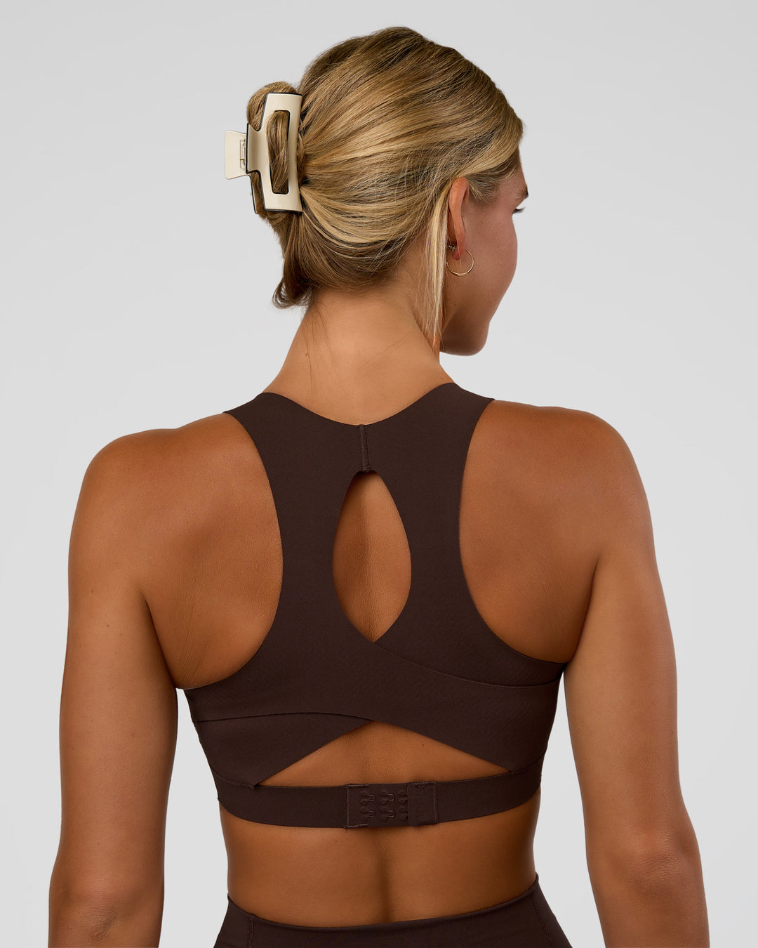 Woman wearing Fusion Sports Bra 2.0 - Hot Chocolate | Model:Amity | Size:S - view 2