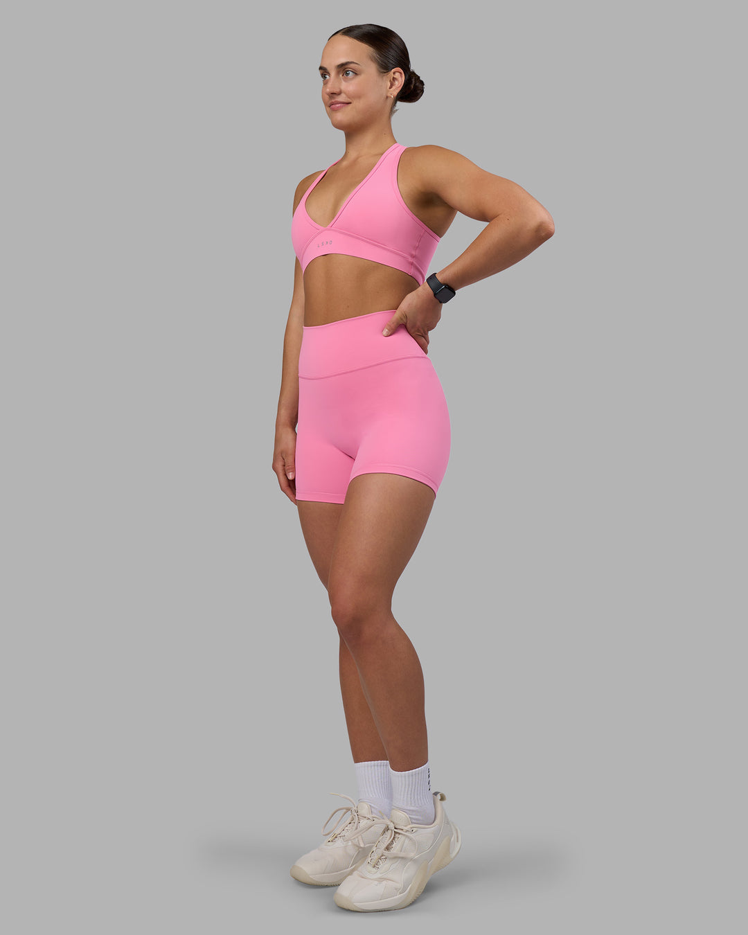 Woman wearing Fusion Ultra High-Rise 4" Short - Candy Pink | Model:Keisha | Size:S - view 5