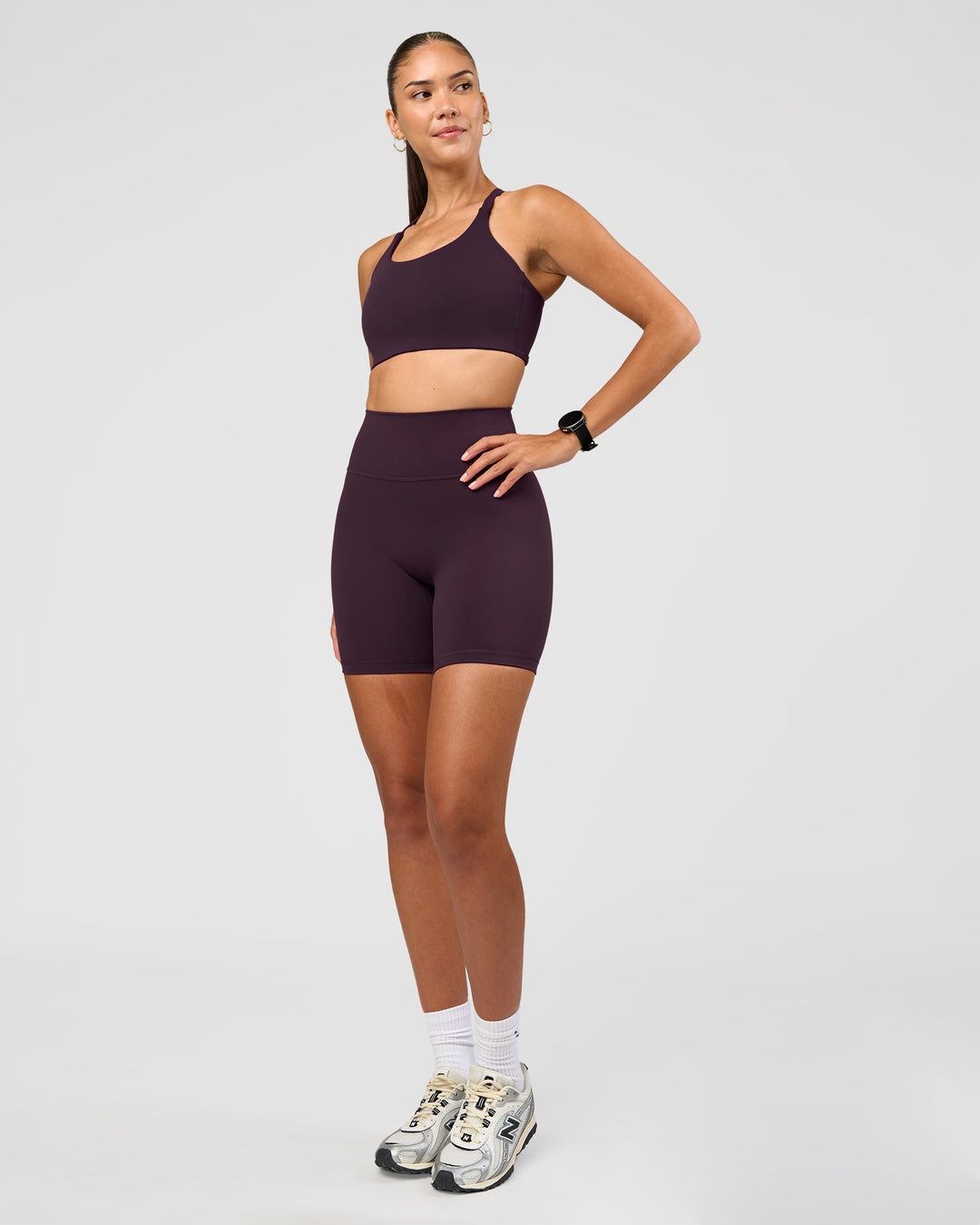 Woman wearing Fusion Ultra High-Rise 6" Short - Midnight Plum | Model:Rhiley | Size:S - view 4