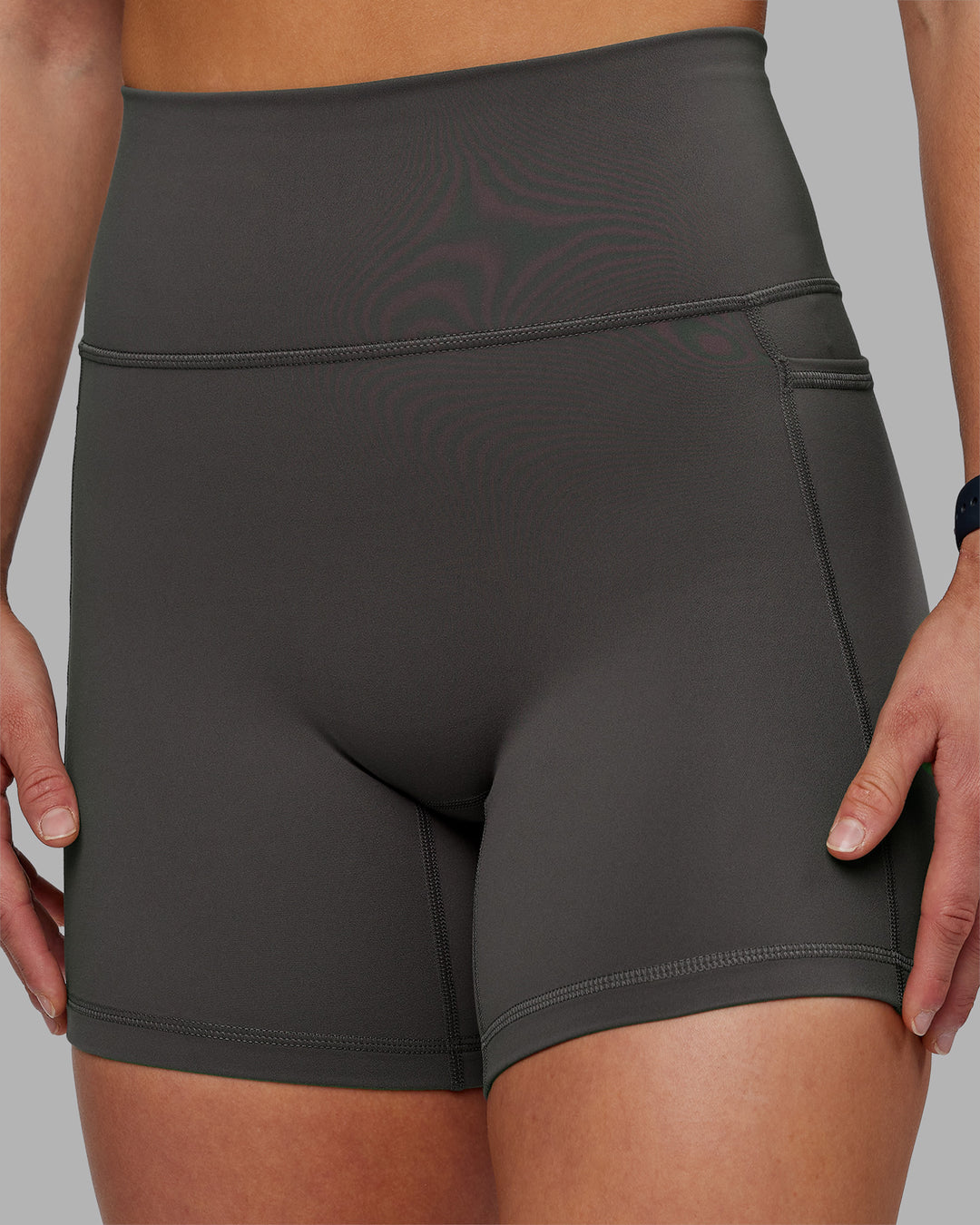Woman wearing Fusion Ultra High-Rise 6" Short Pockets - Dark Storm | Model:Keisha | Size:S - view 6