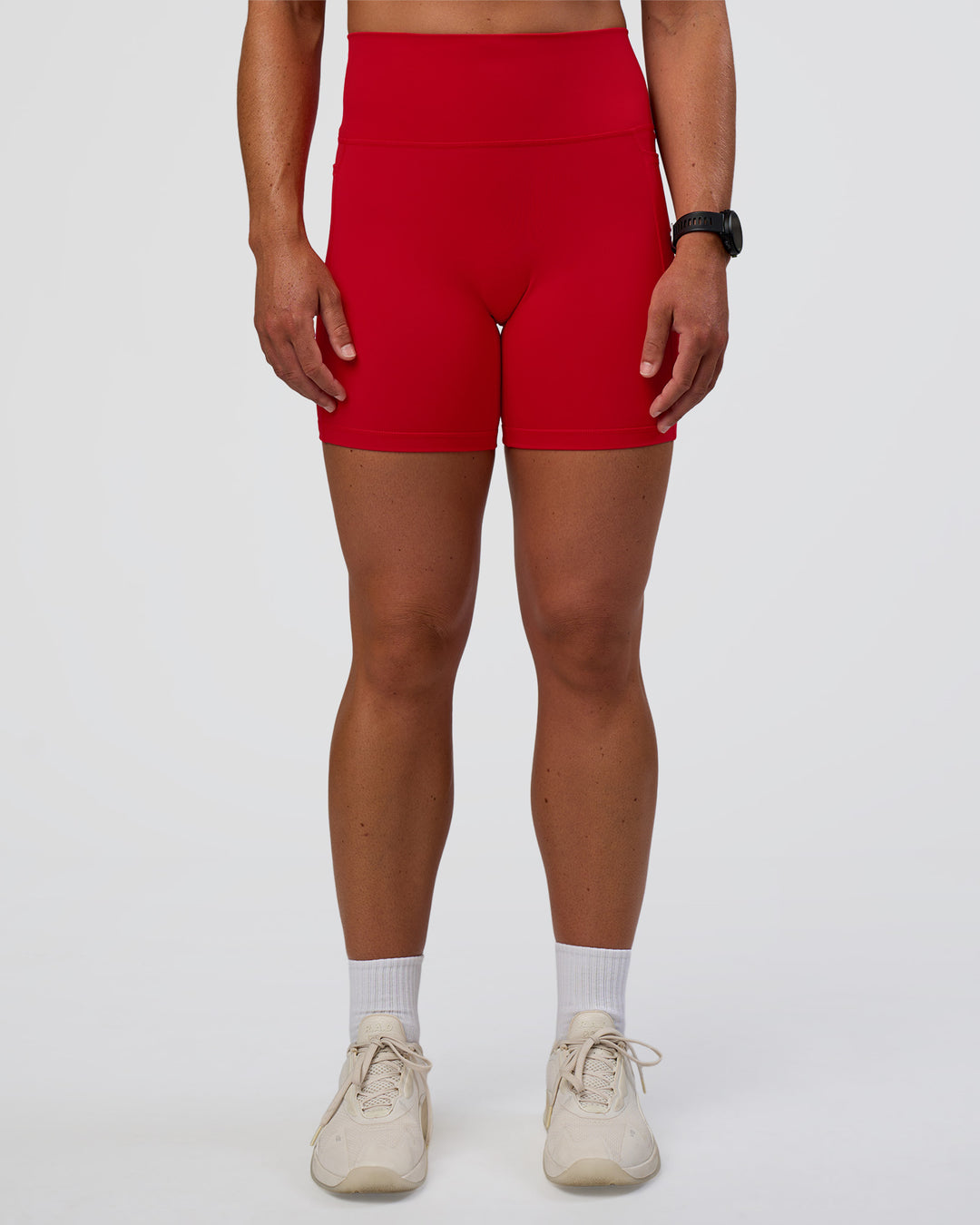 Woman wearing Fusion Ultra High-Rise 6" Short Pockets - Flame | Set:true | Angle:front | Model:Sav | Size:S - view 3