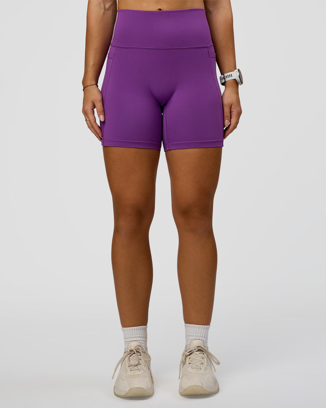 Woman wearing Fusion Ultra High-Rise 6" Short Pockets - Fresh Purple | Set:true | Angle:front | Model:Summer | Size:S - view 6