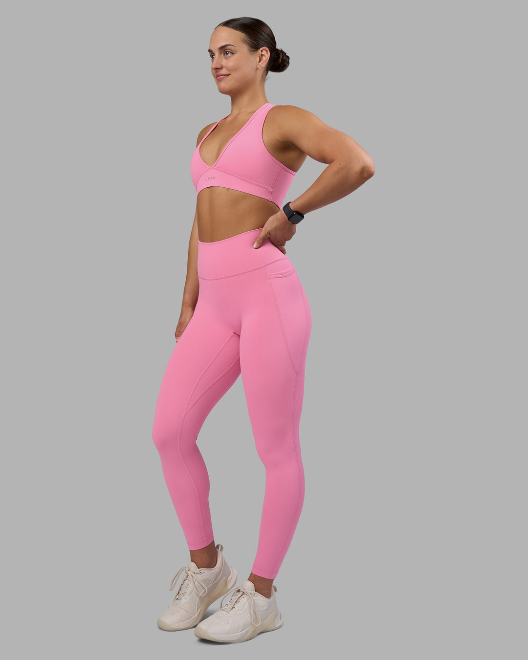 Woman wearing Fusion Ultra High-Rise Full Length Legging Pockets - Candy Pink | Model:Keisha | Size:S - view 5