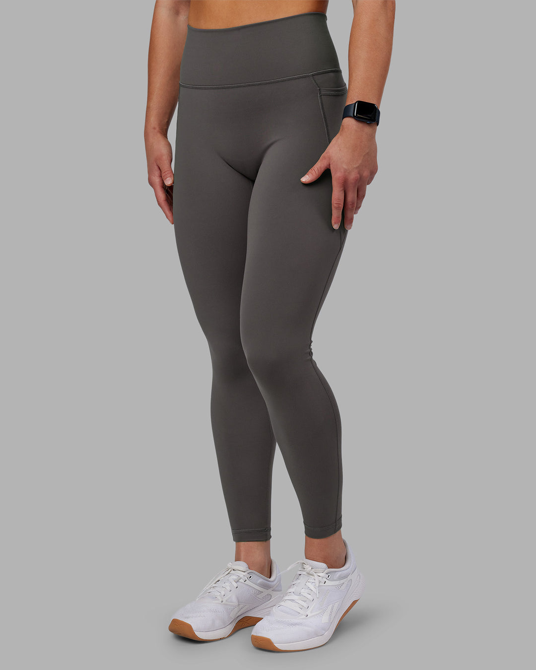 Woman wearing Fusion Ultra High-Rise Full Length Legging Pockets - Dark Storm | Model:Keisha | Size:S - view 5