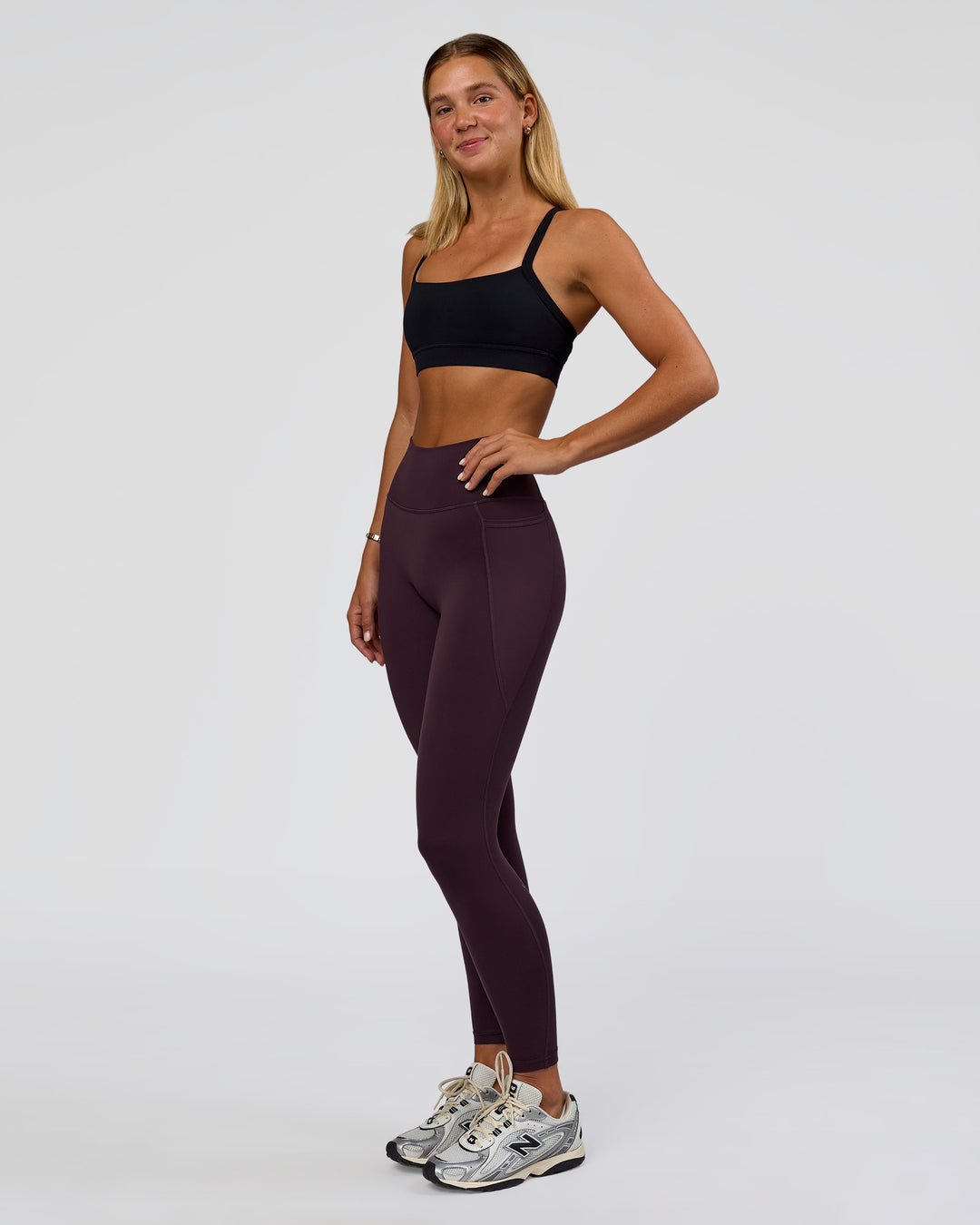 Woman wearing Fusion Ultra High-Rise Full Length Legging Pockets - Midnight Plum | Model:Amity | Size:S - view 6