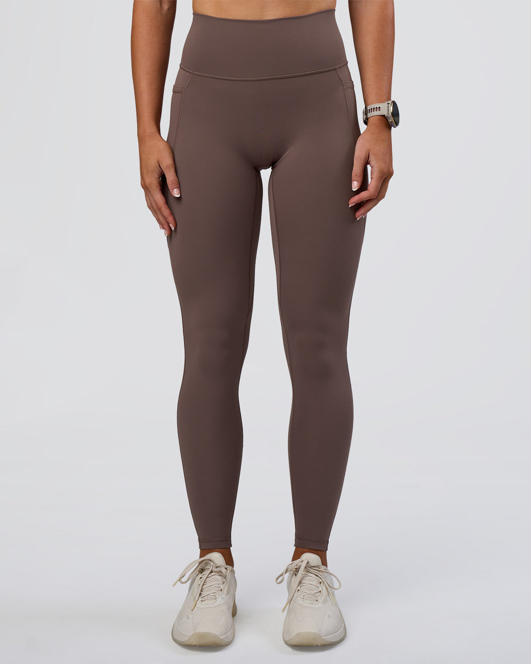 Woman wearing Fusion Ultra High-Rise Full Length Legging Pockets - Peppercorn | Model:Emelia | Size:S - view 6