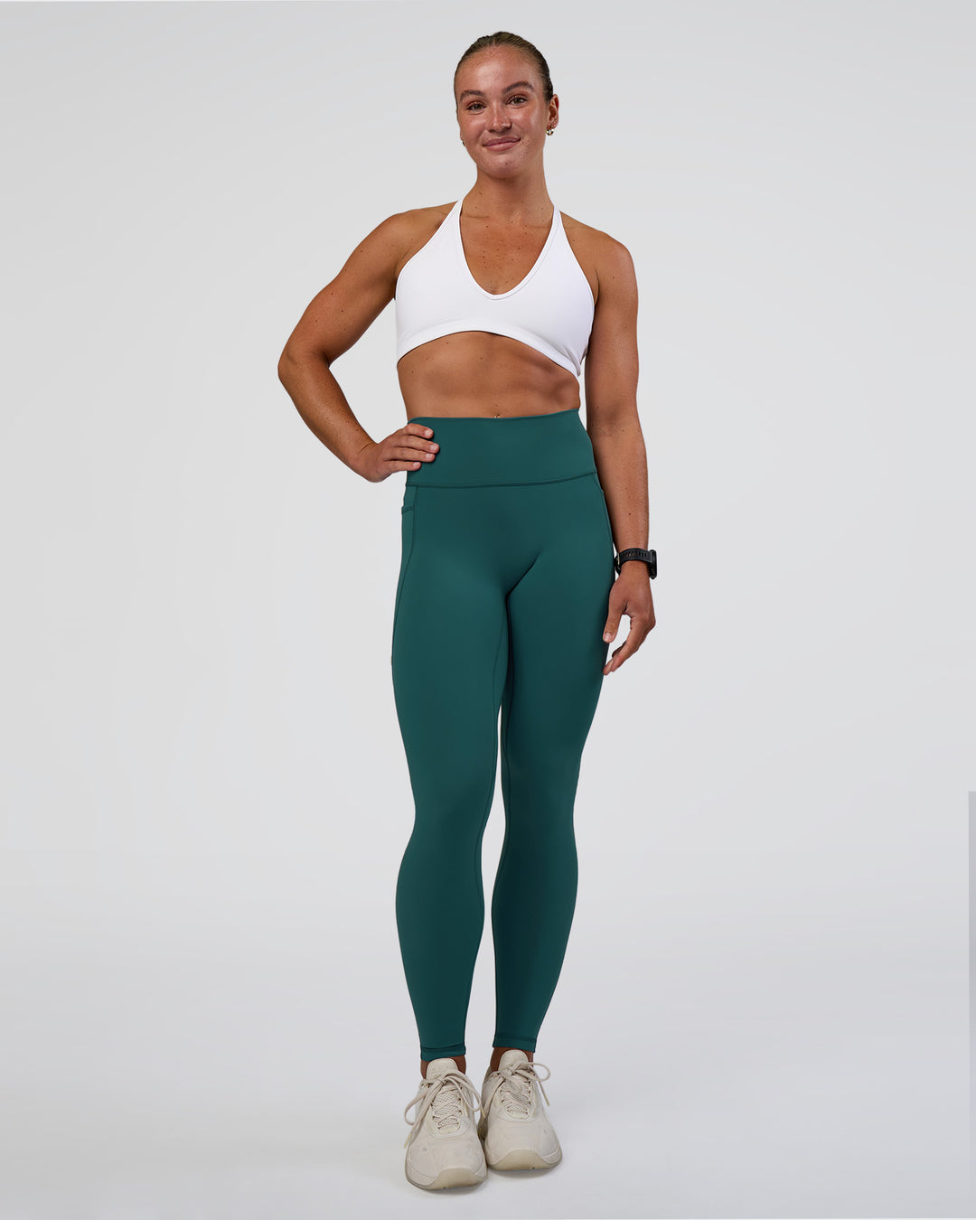 Woman wearing Fusion Ultra High-Rise Full Length Legging Pockets - Transformative Teal | Model:Sav | Size:S - view 2