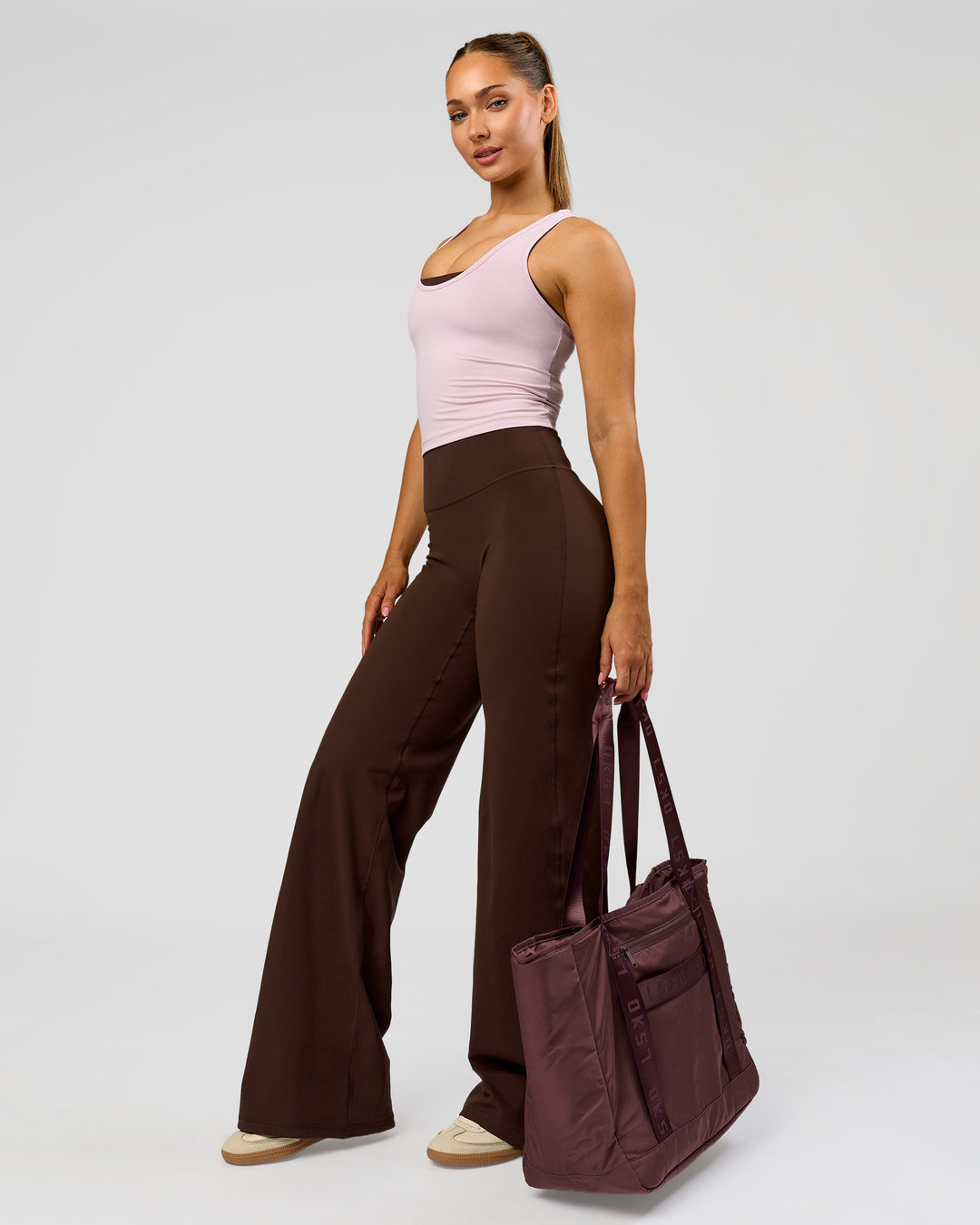 Woman wearing Fusion V-Contour High-Rise Tall Pant - Hot Chocolate | Model:Claire | Size:S - view 3