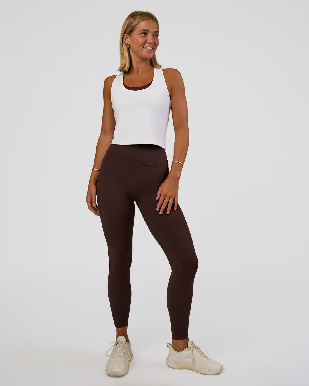 Woman wearing Fusion V-Contour Ultra High-Rise Full Length Legging Pockets - Hot Chocolate | Model:Amity | Size:S - view 5
