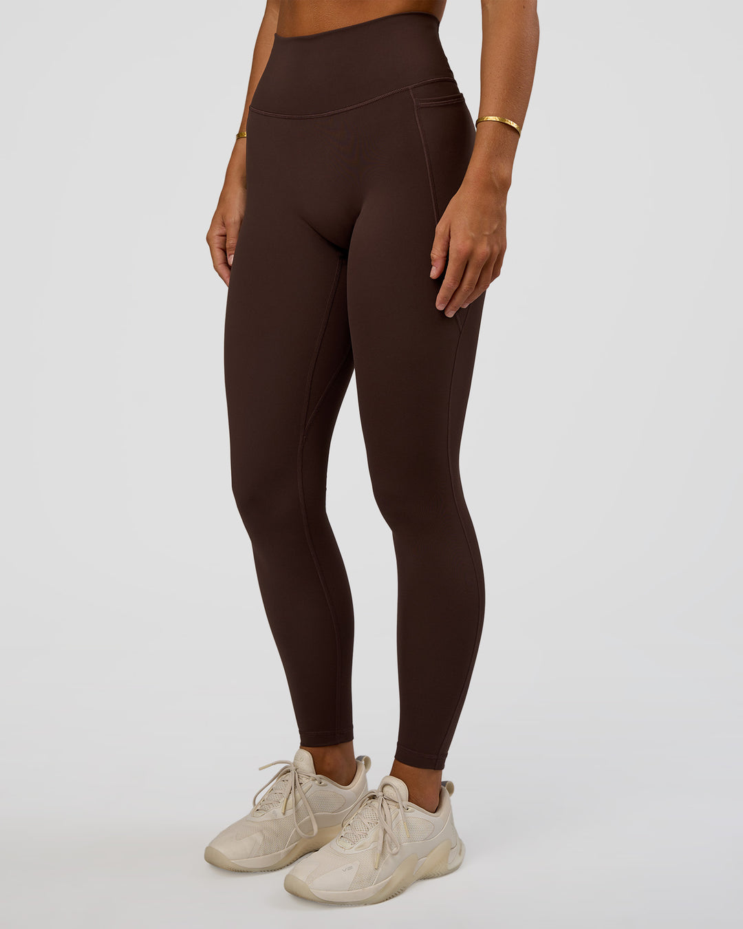 Woman wearing Fusion V-Contour Ultra High-Rise Full Length Legging Pockets - Hot Chocolate | Model:Amity | Size:S - view 7