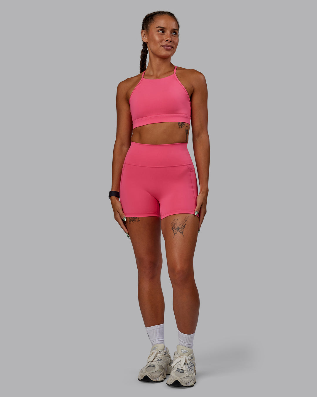 Woman wearing Fusion Ultra High-Rise 4" Short Pockets - Hot Pink | Model:Vanessa | Size:S - view 5