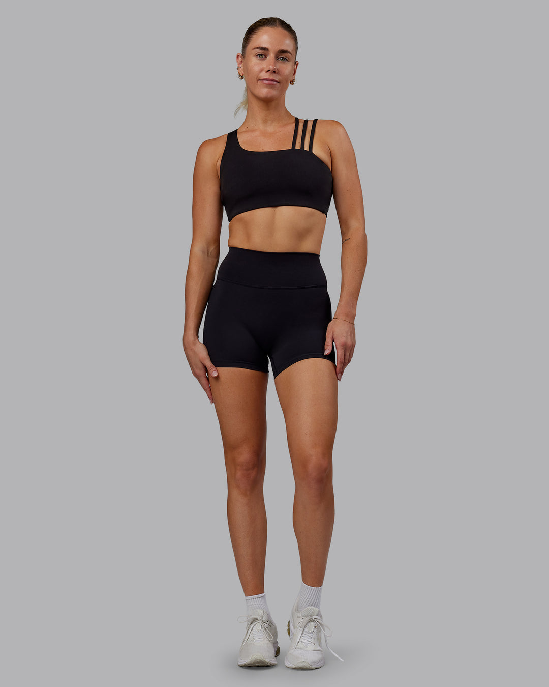 Woman wearing Fusion Ultra High-Rise 4" Short - Black | Model:Hannah | Size:S - view 6