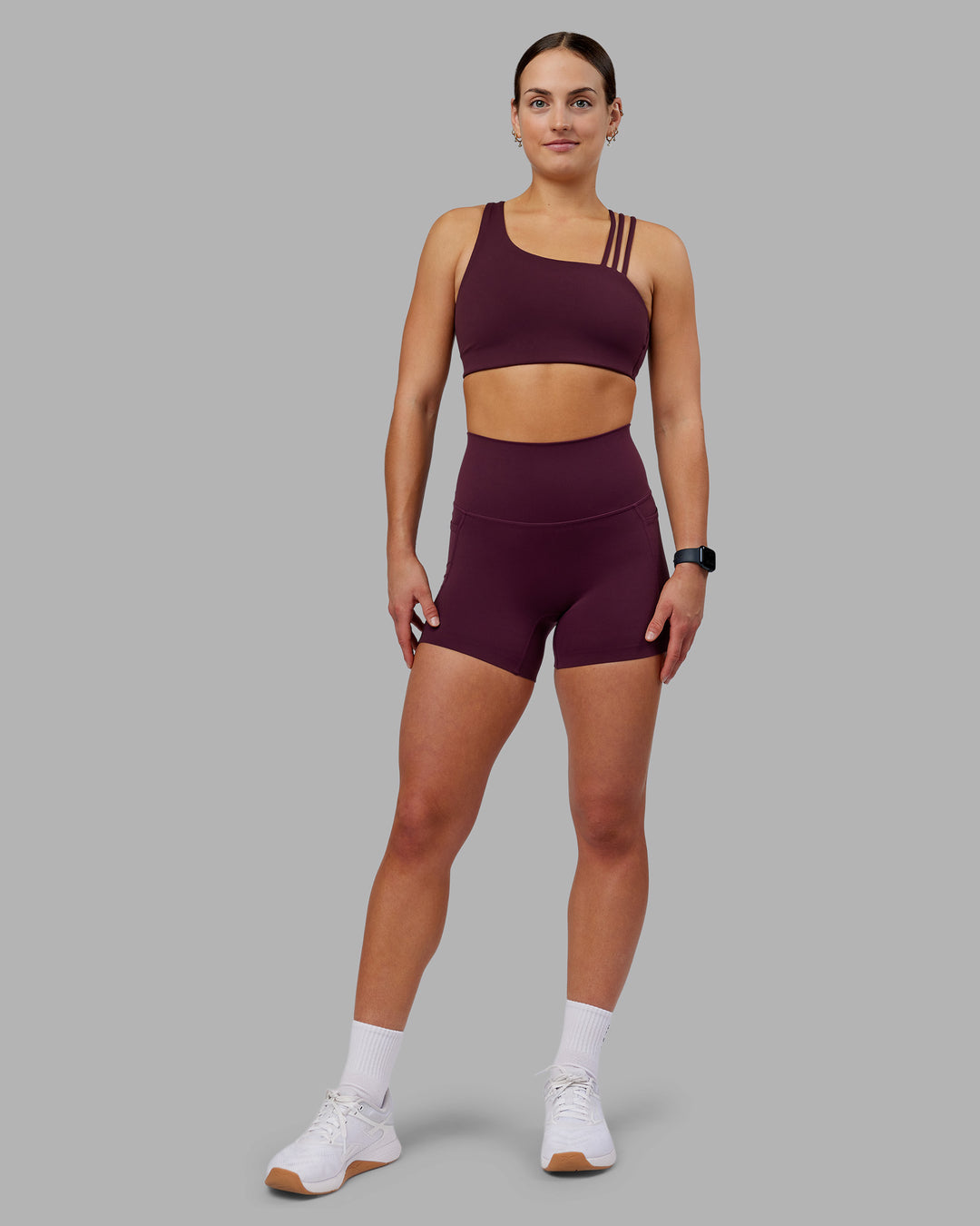 Woman wearing Galvanise Sports Bra 2.0 - Cherry Lacquer | Model:Keisha | Size:S - view 6