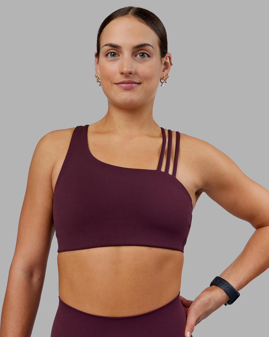 Woman wearing Galvanise Sports Bra 2.0 - Cherry Lacquer | Model:Keisha | Size:S - view 1