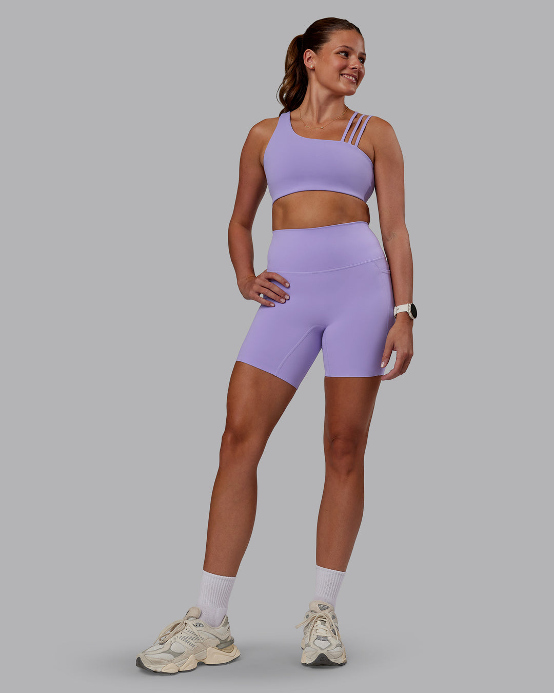 Woman wearing Galvanise Sports Bra 2.0 - Violet Ray | Model:Phoebe | Size:S - view 4