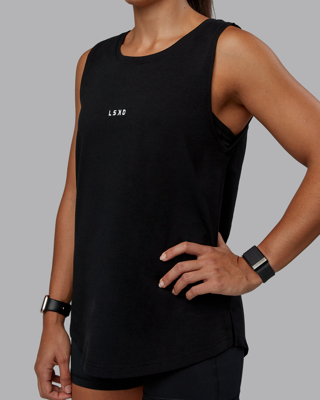 Woman wearing Go-To FLXCotton Longline Tank - Black-White | Size:S | Model:Tylah - view 1