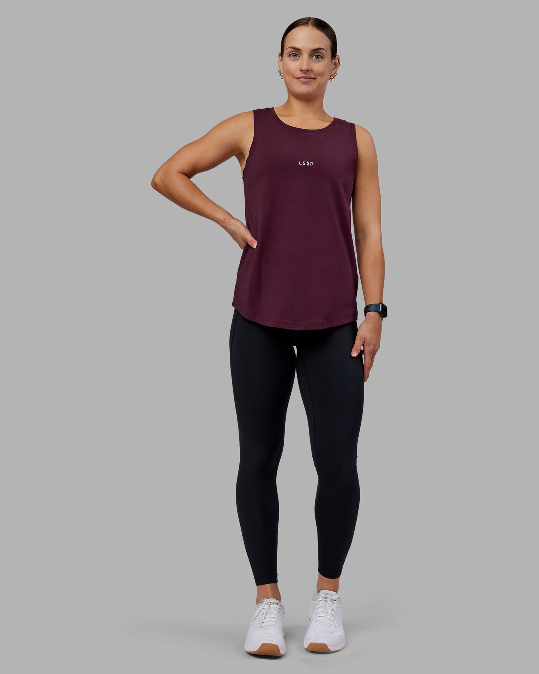 Woman wearing Go-To FLXCotton Longline Tank - Cherry Lacquer-White | Model:Keisha | Size:S - view 2