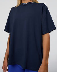 Woman wearing Go-To FLXCotton Oversized Deviation Tee - Future Navy-White | Model:Amity | Size:S | Thumbnail Index: 5