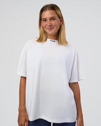 Woman wearing Go-To FLXCotton Oversized Deviation Tee - White-Future Navy | Model:Amity | Size:S | Thumbnail Index: 1
