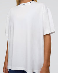 Woman wearing Go-To FLXCotton Oversized Deviation Tee - White-Future Navy | Model:Amity | Size:S | Thumbnail Index: 5