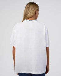 Woman wearing Go-To FLXCotton Oversized Deviation Tee - White-Future Navy | Model:Amity | Size:S | Thumbnail Index: 3