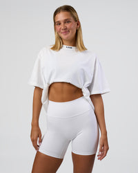 Woman wearing Go-To FLXCotton Oversized Deviation Tee - White-Future Navy | Model:Amity | Size:S | Thumbnail Index: 4