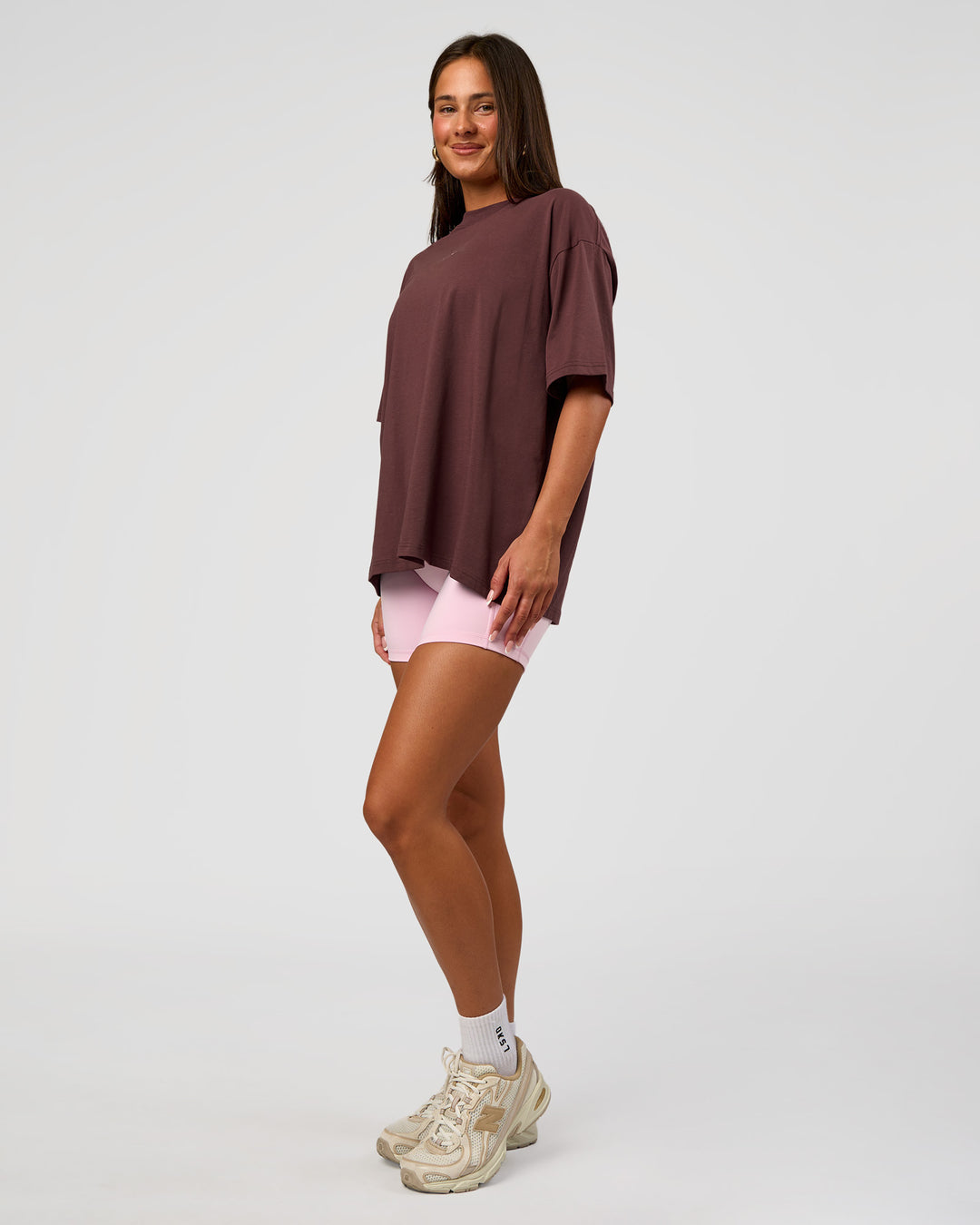 Woman wearing Go-To FLXCotton Oversized Tee - Cocoa Powder-White | Model:Bianca | Size:S - view 2