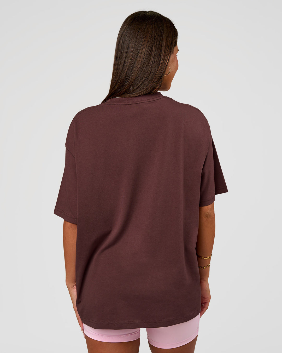 Woman wearing Go-To FLXCotton Oversized Tee - Cocoa Powder-White | Model:Bianca | Size:S - view 3