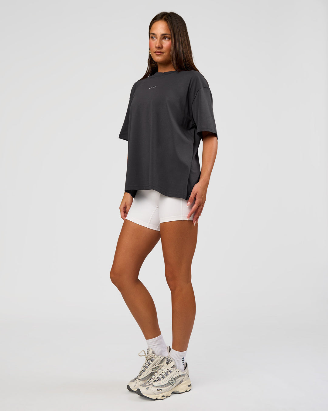 Woman wearing Go-To FLXCotton Oversized Tee - Dark Storm-White | Model:Bianca | Size:S - view 3