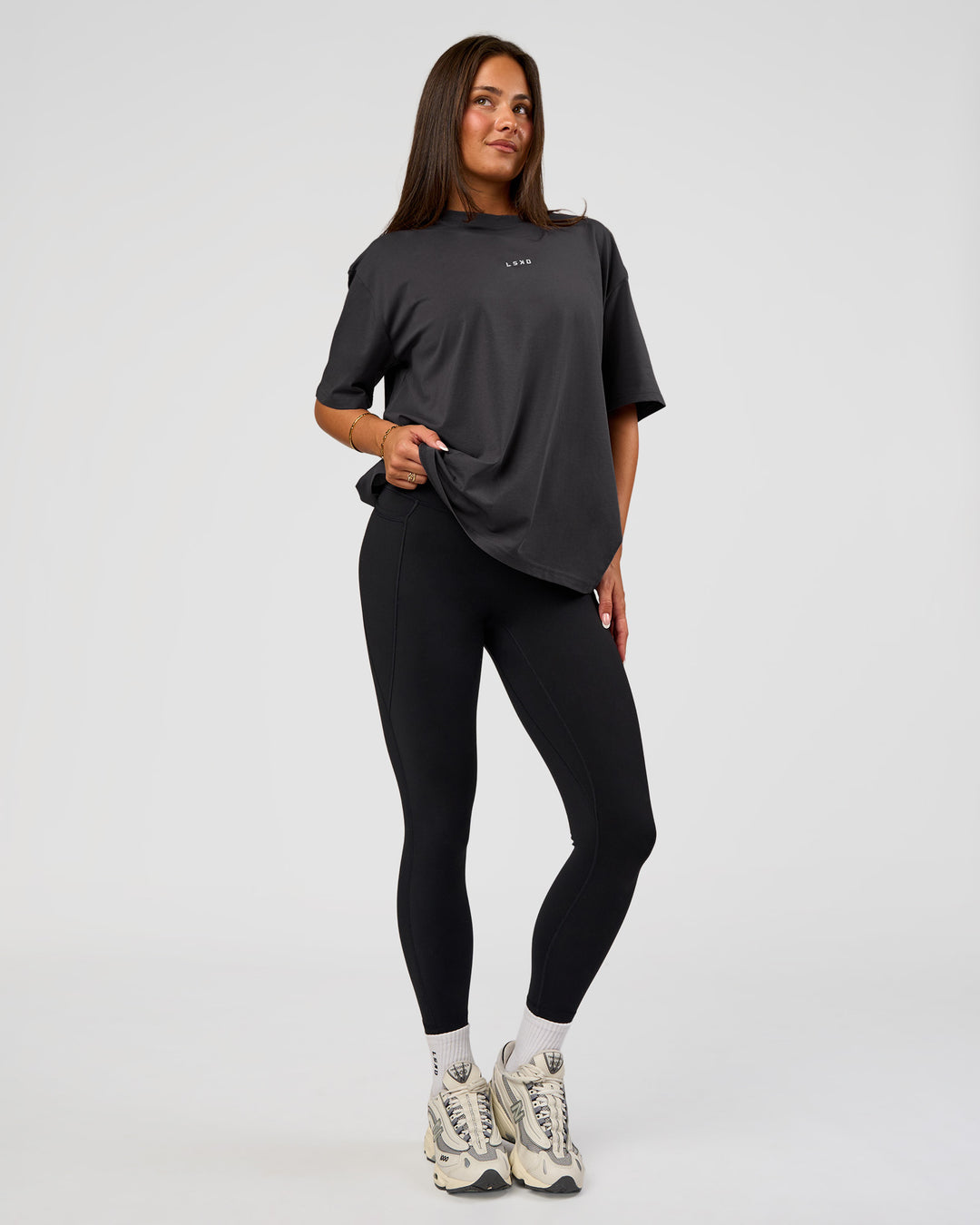 Woman wearing Go-To FLXCotton Oversized Tee - Dark Storm-White | Model:Bianca | Size:S - view 2