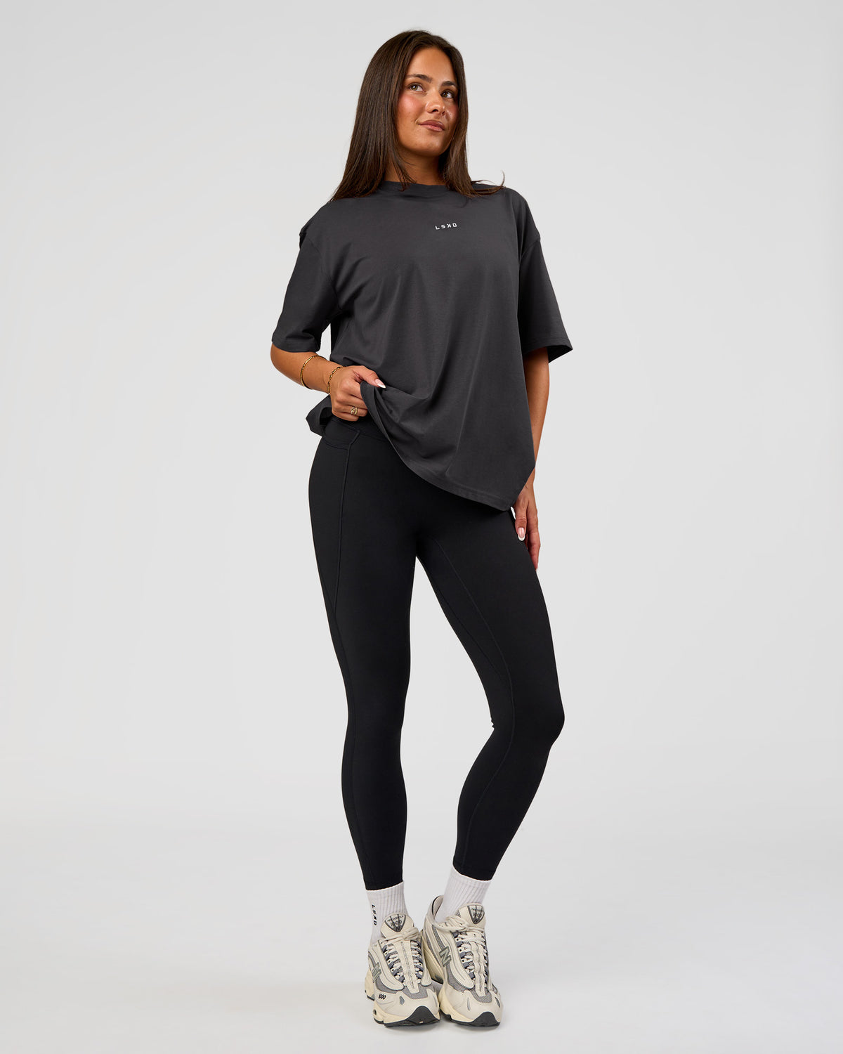 Woman wearing Go-To FLXCotton Oversized Tee - Dark Storm-White | Model:Bianca | Size:S