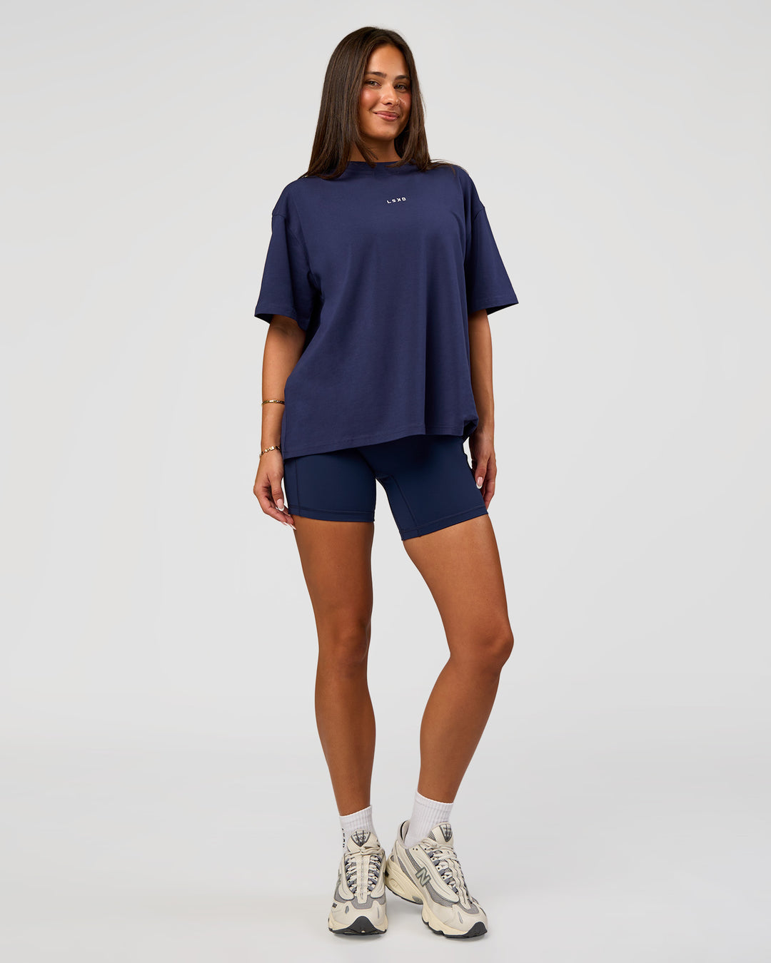 Woman wearing Go-To FLXCotton Oversized Tee - Future Navy-White | Model:Bianca | Size:S - view 5