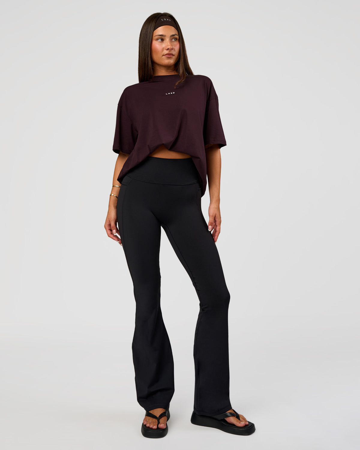 Woman wearing Go-To FLXCotton Oversized Tee - Midnight Plum-White | Model:Bianca | Size:S