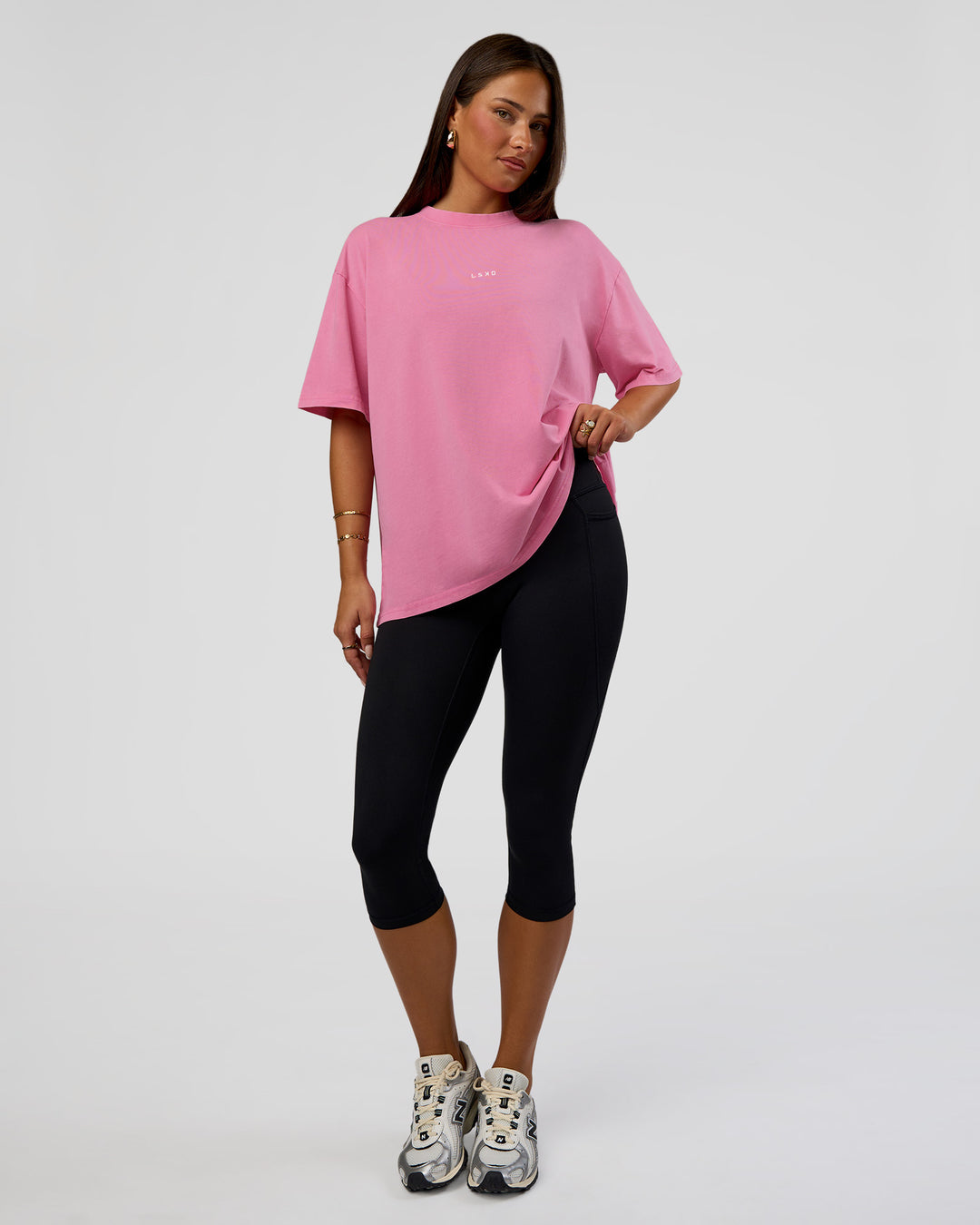 Woman wearing Go-To FLXCotton Oversized Tee - Sugar Plum Washed | Model:Bianca | Size:S - view 2