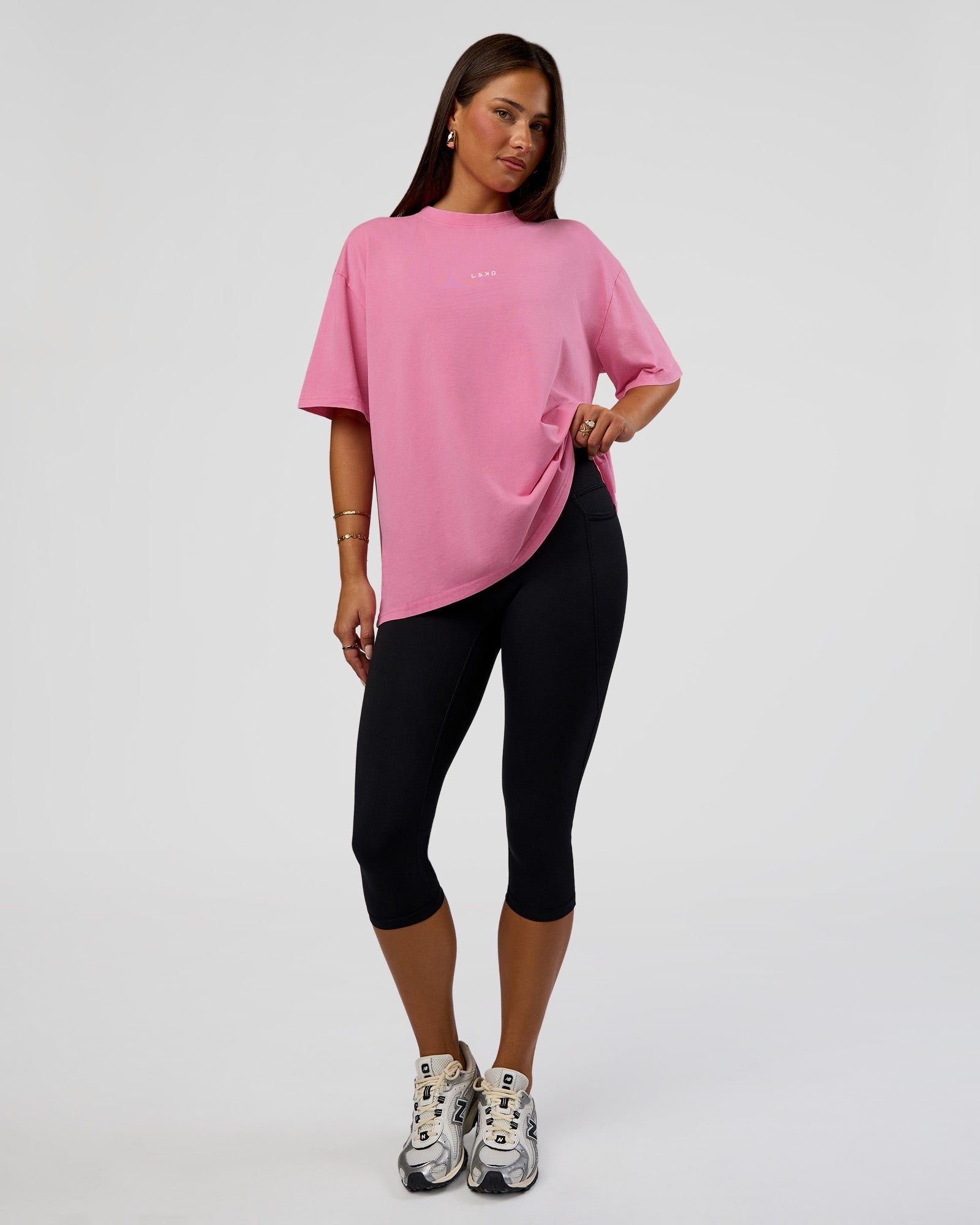 Woman wearing Go-To FLXCotton Oversized Tee - Sugar Plum Washed | Model:Bianca | Size:S