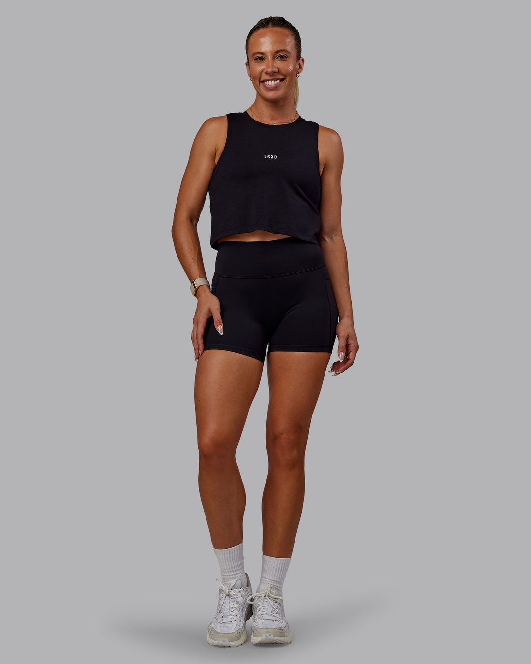 Woman wearing Go-To FLXCotton Tank - Black-White - view 2