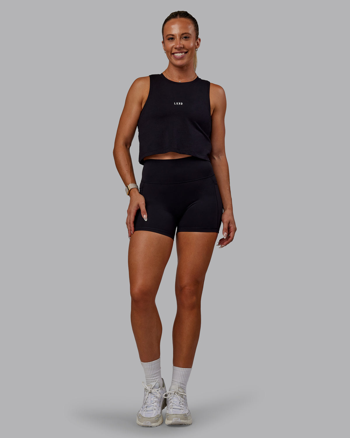 Woman wearing Go-To FLXCotton Tank - Black-White