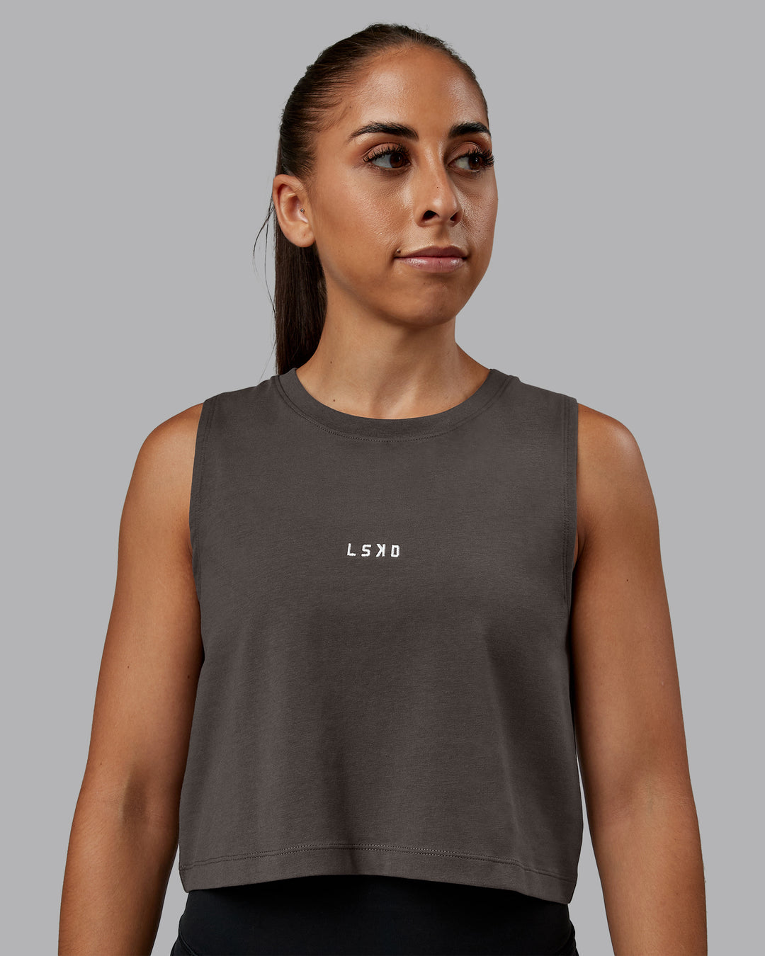 Woman wearing Go-To FLXCotton Tank in Dark Storm-White | Size:S | Model:Tylah - view 1